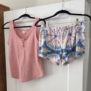 PJ Salvage Pink Ribbed Tank and Tie-Dye Shorts Set